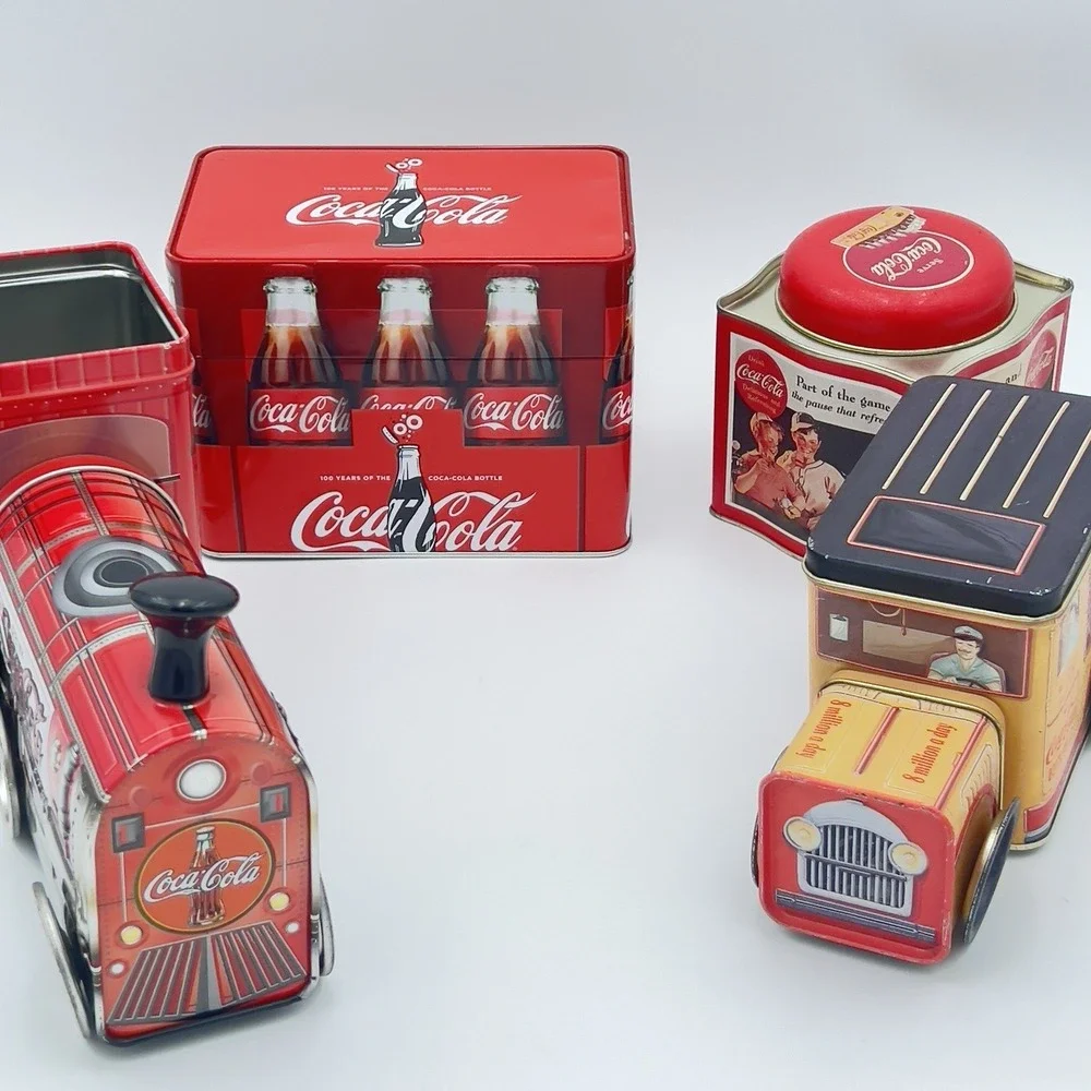 Vintage Coca Cola Tin lot Truck Train Bottle Crate & Advertising Tins